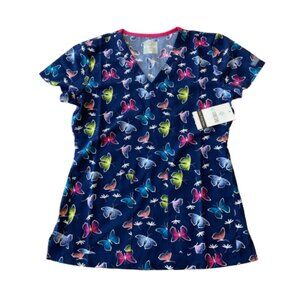 Med Couture Print V-Neck Scrub Top Women's XS Daisy Dance Blue 8564 NWT